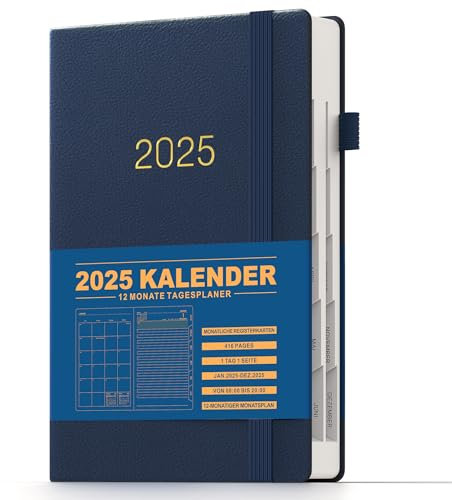 KaKa Dragon Kalender 2025 Terminplaner, Buchkalender Agenda, Deutsches Tagebuch Planer A5 Terminplaner 1 Tag 1 Seite mit Monatsregistern, (416 Seiten) Hardcover (Blau)