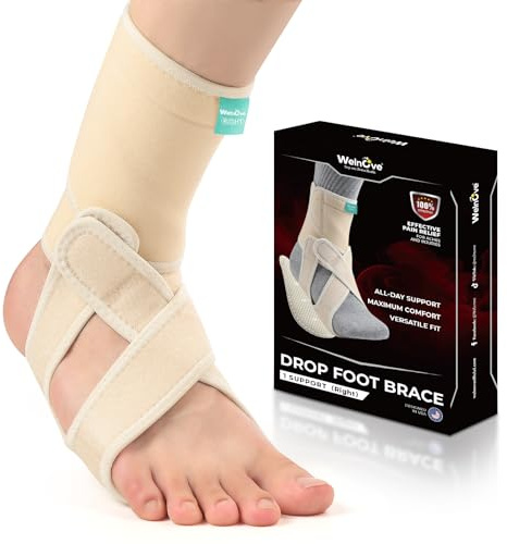 Welnove Drop Foot Brace for Walking - (1 Pack) AFO Ankle Brace with Arch Support, Relieve the Instability of Lower Limbs by Foot Drop, MS, TBI, Spinal Cord Injury, Cerebral Palsy (Right,Beige)