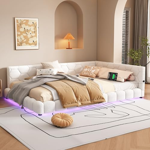 MQGPM Polsterbett 140x200 cm mit LED und USB-Anschluss, Tagesbett Sofabett mit Lattenrost und Rückenlehne, Jugendbett Gästebett mit 16 Farben Umgebungslicht, ohne Matratze, Weiß
