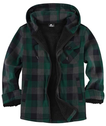 JACKETOWN Giacca Boscaiolo da Uomo Giacca Uomo Foderata Cappuccio a Quadri Flanella con Cerniera Sherpa Trekking Invernale Camicia in Flanella Outdoor(Grigio Verde L)