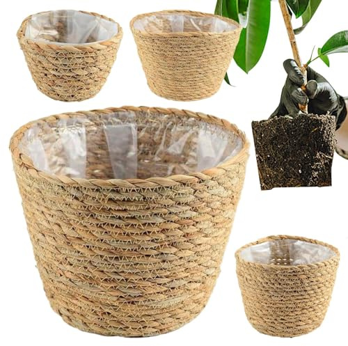 Birtern Cesta tejida para plantas, macetas de jardín, contenedor de flores con forro para dormitorio, jardín, patio, sala de estar, balcón, mesa, alféizar de la ventana, porche