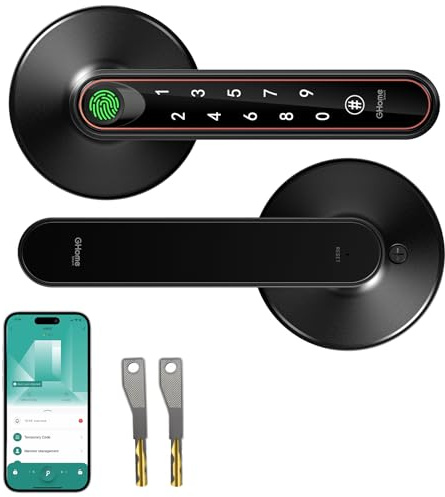 GHome Smart Fingerprint Door Lock with Knob 4 in 1 Keyless Entry Door Locks with Keypad Unlocking by Fingerprint, APP, Passcode and Keys for Bedroom Home Hotel Easy Installation Door Knob