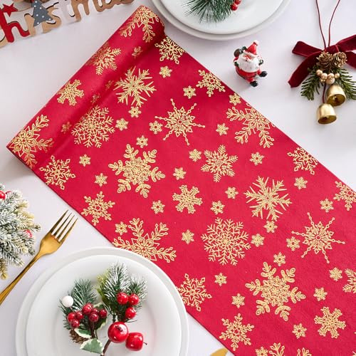 Tischläufer Rolle Rot Weihnachten 275 x 28 cm Gold Schneeflocken Weihnachtliche Läufer Tisch Glänzend Tischdeckenrolle Weihnachts Deko Tischband für Weihnachtlich, Silvester, Adventszeit