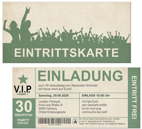 Einladungskarten zum 30. 40. 50. 60. oder 70. Geburtstag, VIP-Event Design | Digital oder Gedruckt, DIN Lang Format, Grün, Text ist anpassbar, 1 - 100 Stück, doppelseitig