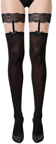 Quilax 1 Paar Halterlose Strümpfe Spitze Damen,Halterlose Strümpfe mit Spitze und Schleife,Strapsstrümpfe Damen,Nylonstrümpfe(für 45-60kg)