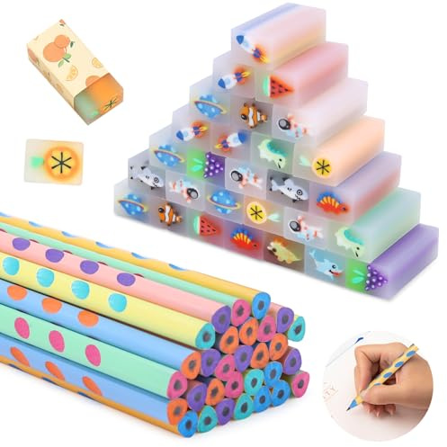 Mixara Lot de 60 crayons avec gomme pour enfants, 30 crayons HB + 30 gommes amusantes, petit cadeau d'anniversaire d'enfant, rentrée scolaire pour garçons et filles de 4 à 12 ans