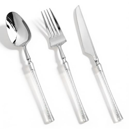 QualQuot 150PCS Silver Plastic Silverware, Heavy Duty Utensils, Disposable Plastic Cutlery Silverware Include 50 Forks, 50 Knives, 50 Spoons for Party and Wedding, Shiny Silver