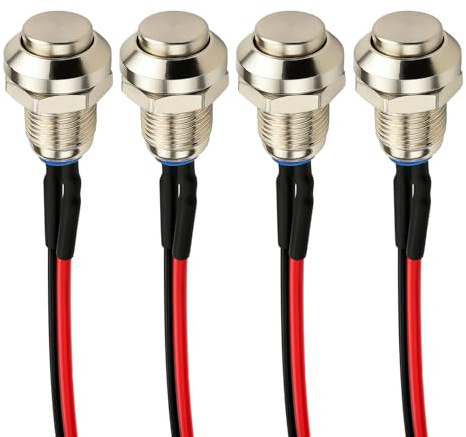 Gebildet 4 Piezas Interruptor de Botón Pulsador Momentáneo de Metal, Impermeable Punto de Plata 8mm Mini Micro Redonda 0-250V Self-Reset para Timbre con Arranque Eléctrico, Base Dorada