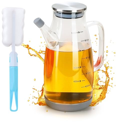 Yuragim Oljeflaska glas, 1 l borosilikatglas, oljedispenser med måttskala, olje-ättikflaskor, oljedispenser glas för matlagning, stor, läckagefri, kryddkittel, kanna för olja, ättik, sås, för kök