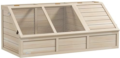PawHut Trähus för sköldpaddor, utomhushölje för små djur med öppningsbart lock, spärrar och 2 separata utrymmen, bottenlös, 120 x 55 x 50 cm, naturligt trä