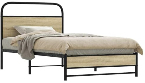 QJBSAVVA Bettgestell 107x203 cm Sonoma Eiche Holzwerkstoff Stahlrahmen Lattenrost Modernes Design Robustes Jugendbett Single für Schlafzimmer Gästezimmer und Jugendzimmer
