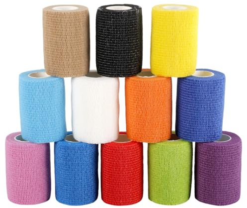 Gykutix 12 Rouleaux Bandage Autoadhésif Bande Cohesive 7,5cm x 4,5m Non Tissé Bande Strapping Adhésif pour Doigt, Poignet, Cheville, Animaux