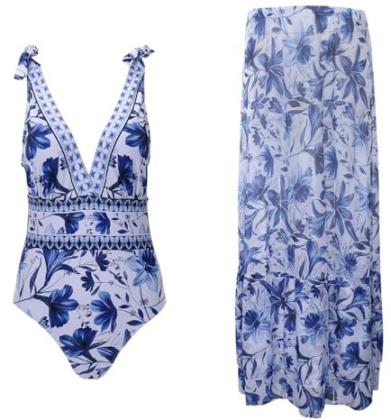 Bañador Una Pieza Para Mujer Cuello V Con Falda Pareo Cintura Alta Estampado Sexy Bikini Set Moda Playa Vacaciones01