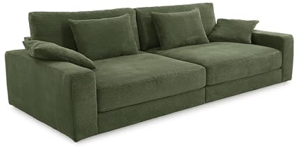 Großes Big-Sofa mit Bonellfederkern-Polsterung B290/T135/H90 cm, Lounge-Couch mit Rückenkissen und Zierkissen, weicher und robuster Trend-Bezug aus Cord in Grün / 15250