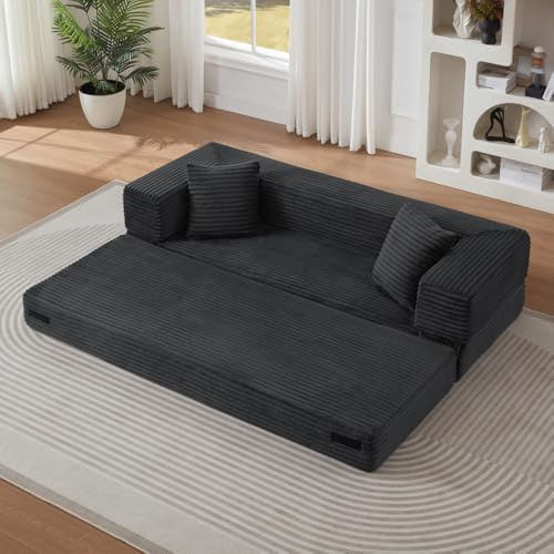 Sofá Cama Plegable de Pana, Sofá Convertible Moderno con Diseño Cuadrado Clásico y Estructura de Doble Capa, Mueble de Salón Multifuncional Convertible en Cama para Apartamento y Oficina (Gris oscuro)
