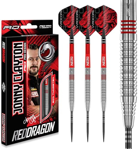 RED DRAGON Darts - Jonny Clayton Original 2.0 | 25g | 90% Wolfram - Profi dartpfeile metallspitze Satz - Enthält Steeldarts Pfeile Flüge & Schäfte | Profi Spieler Edition