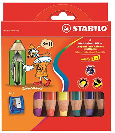Buntstift, Wasserfarbe & Wachsmalkreide - STABILO woody 3 in 1 - 6er Pack mit Spitzer - mit 6 verschiedenen Farben