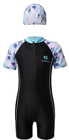 ranrann Enfant Fille Combinaison de Bain Manches Courtes Maillot de Bain 1 Pièce Combishort Surf Natation Plage Rash Guard 7-14 Ans Noir 13-14 Ans