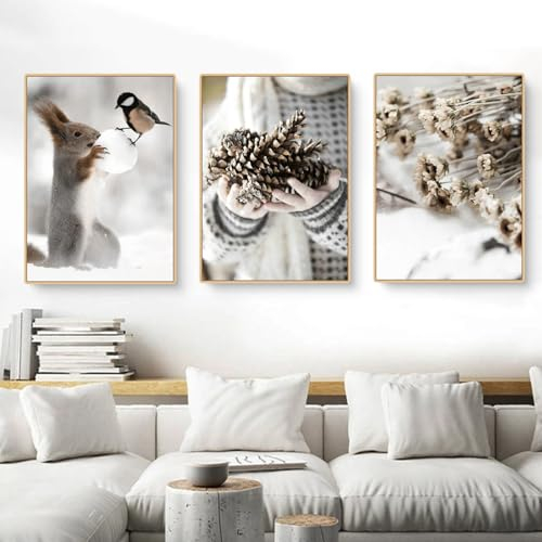 CULASIGN Premium 3er Poster Set, Modern Wandbilder Elch Holzhaus Winter Schneelandschaft Bilder, Wandbilder ohne Rahmen, Wanddeko Wohnzimmer Deko Schlafzimmer (GHI,40x50cm)