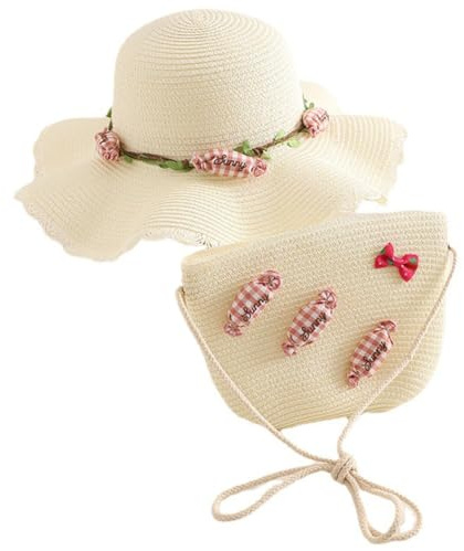 YCFAIIKG Chapeaux de Paille et Petit Sac Filles,Chapeau de Soleil Ensemble avec Décoration Bonbons, Chapeau D'ombrage Sac à Main D'été Enfant pour Vacances Plage Voyage Randonée (Blanc Laiteux)