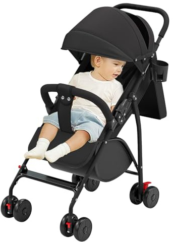 Poussette Combinée/Jusqu'à 25 kg/Siège avec Position Couchée dès la Naissance/Hauteur Réglable/Pliable Compacte/Guidon Réglable en Hauteur/Grandes Roues Tout-C-noir