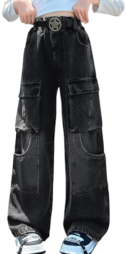 SEAUR Ragazze Cargo Jeans Streetwear Jeans Bambini Casual Relaxed Fit Pants Denim Nero Cintura Non Inclusa