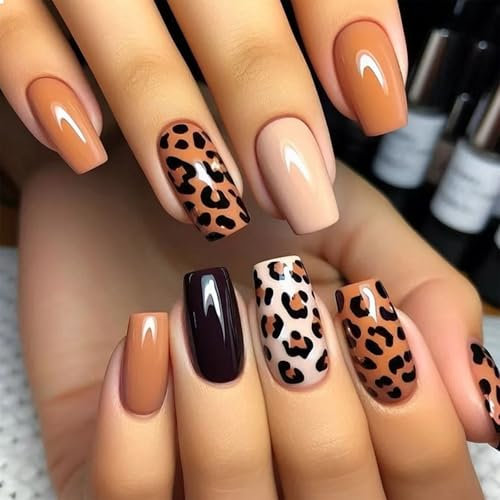 GlamRays - Unghie artificiali con French manicure, forma quadrata, in materiale acrilico, marrone, motivo leopardato, set da 24 pezzi