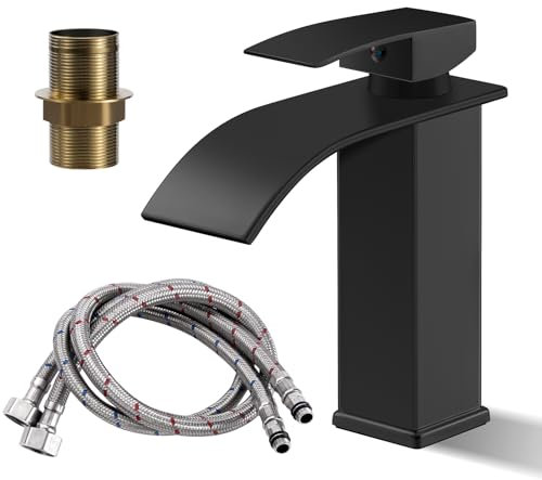 Robinet Mitigeur Lavabo Salle de Bain Robinet Lavabo en Acier Inoxydable Conomie d'Eau & Anti-Éclaboussures Mitigeur Monotrou avec Conduites d'Eau Chaude et Froide Mitigeur (Noir)