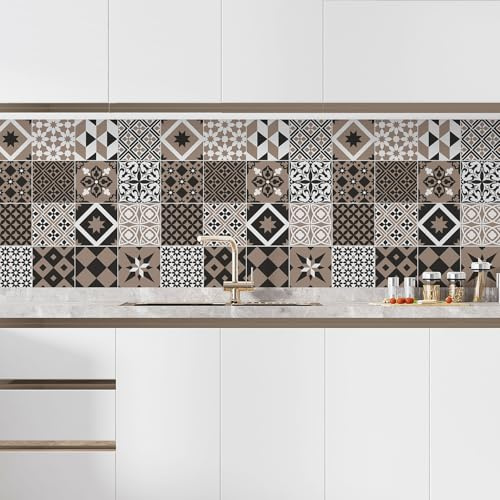 Lumaléa - Crédence adhésive sticker pour cuisine Effet carreaux de ciment - Adhésif BRILLANT - 55x55 cm