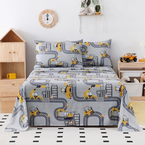 Yibeizi Twin Sheets Set Kids, Grey Truck Pattern Microfiber Single Bed Sheets, Cute Soft Oeko-Tex Extra Deep Pocket Sheets & Pillowcases Cooling Hypoallergenic Wrinkle Free Bedsheets