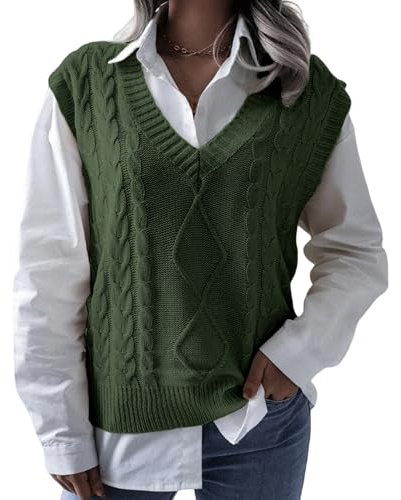 RWGSNB Sleeveless Sweater Ladies, Womens Sleeveless Knitted Vest Oversized V Neck Cable Knit Sweaters Waistcoats Casual Loose Fit Autumn Warm Jumper Top Vintage Pullover Tank Top Green M