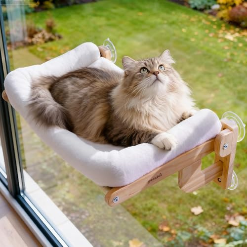 pecute 66x39cm Cama Plegable para Ventana, Hamaca Estable para Gatos Cojín Extraíble con Ventosa Fuerte Gatos, Cat Window Perch Bed con Material Suave Alfombra Reversible hasta 18kg(Grande)