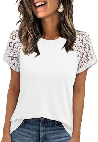 Chicrise Tshirt Femme Manches Courte Dentelle Haut Chic et Élégant Col Rond Basique Top Casual Léger