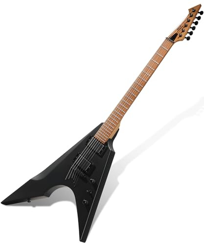 AKLOT Metal V Electric Guitar: HH Pickups, Roasted Maple Neck, Okoume Body, String-Through-Body, Stainless Steel Rounded Ball-End Frets,Beginner Electric Guitar Kit for Adult,Gig Bag,Lesson Book,Black
