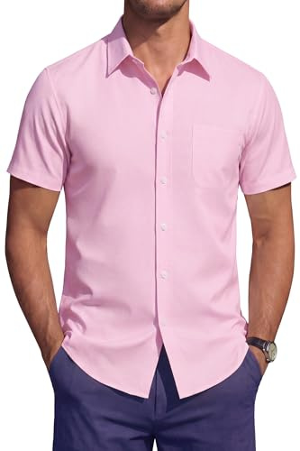 HISDERN Camicia Uomo Manica Corta Elasticizzata Non Stiro Regular Fit Elegante Estiva Business Casual da Lavoro con Taschino