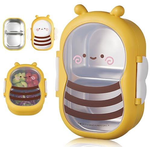 SGZIOO Brotdose Edelstahl für Kinder Erwachsene, Cartoon Biene Lunchbox mit 2 Fächern, Auslaufsicher Brotzeitdose Snackbox Bento Box Frühstücksbox Essensbox für Picknick, Arbeit und Reisen