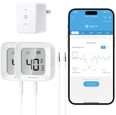GoveeLife Kühlschrank Thermometer WLAN mit Digital & Alarm App, 2er-Sensor | Kabellosem Funk Gefrierschrank Thermometer mit LCD-Display, 2 Jahre Datenexport, für Kühlschränke, Gefrierschränke, Aquarium