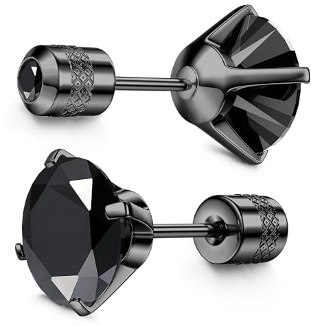 Morfetto Hypoallergenic Titanium Stud Earrings - G23 Implant Grade 5A CZ Titanium Screw Back Double-Sided Stud for Men Women with Sensitive Ears, Cartilage Tragus Helix Piercing Jewellery Black 6MM