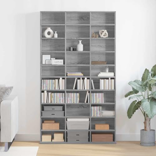 Ziaphsol CD hylla grå Sonoma av trämaterial, 102 x 23 x 177,5 cm, öppen förvaringshylla för CD DVD förvaring, arkivhylla, vardagsrumsskåp med väggmontering