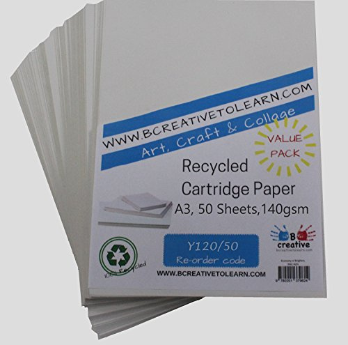 100 % ekologisk återvunnen konst A3 patronpapper vitt fantastiskt konstpapper 140 gsm förpackning med 50 ark - lämplig för bokskapande, skissning, målning, tryck och mer