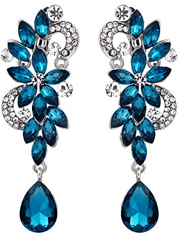 Clearine Damen Ohrclips Böhmisch Kristall Blume Hochzeit Braut Tropfen Lang Screw Clip-On Ohrclip Ohrringe Türkis-Blau Silber-Ton
