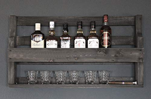 Dekorie Whisky Regal aus Holz - mit Gläserhalter - Schwarz - Industrie Stil - fertig montiert - Wandbar - fürs Esszimmer 90 x 50 x 15 cm
