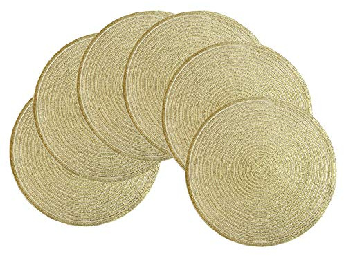 SHACOS 6er Set Platzsets Rund Gold, Runde Tischsets Abwaschbar, Hitzebeständig, Platzdeckchen Rund Abwaschbar, Schmutzabweisend, 38x38 cm