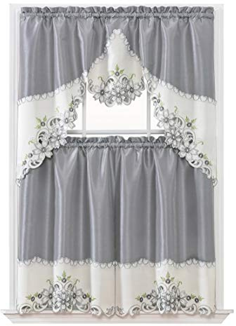 GOHD Arch Floral Kitchen Curtain Set,Floral with cutworks,Silver Grey