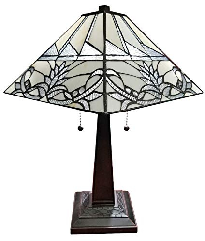 Tiffany Style Table Lamp Banker Mission 22 Tall Stained Glass Tan Green Blue Red Floral Flower Vintage Antique Light Décor Living Room Bedroom Handmade Gift AM312TL14B Amora Lighting