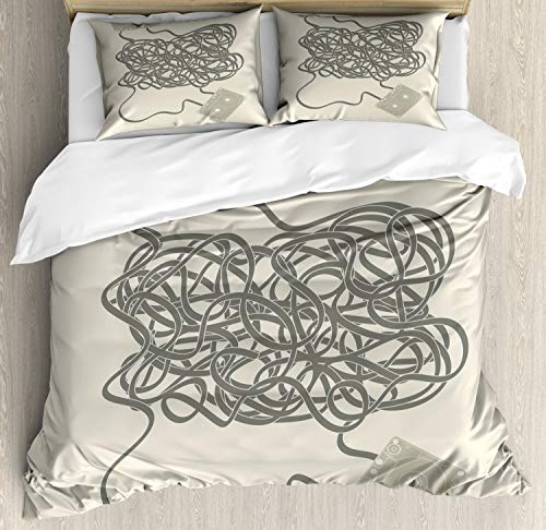 Ambesonne Retro Duvet Cover Set, Analogue Jumbled Mess of Old Music Cassette Tape Print, Decorative 3 Piece Bedding Set with 2 Pillow Shams, Queen Size, Eggshell Dark Eggshell
