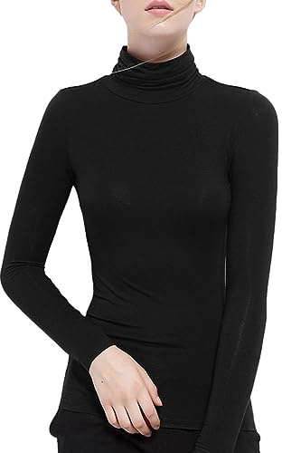 Zueauns T-Shirt Femmes Chemise Automne Manches Longues Basique Chemise à col roulé, Hiver Polos Hauts Thermiques Casual Sport Pull Tops Blouse Shirts(Noir,XL)