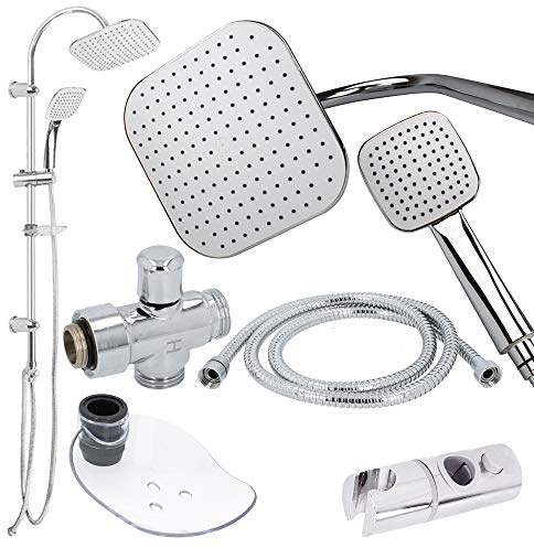 HYDROLAND Duschsystem ohne Armatur Duschset 10 Teilig | Duschstange Halterung Regendusche 20cm Handbrause | Duschbrause Duschschlauch Brauseschlauch | Kalkfilter Armatur Bad Wassersparend