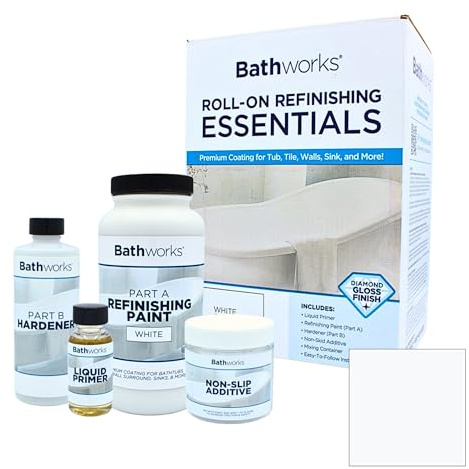 Bathworks Essentials Roll-On Refinishing Kit - 22 fl oz, High Gloss White, Long-Lasting Acrylic Resin Finish with Non-Slip Additive - Professional-Grade DIY Coating for Bathtubs, Tile, Sinks & Showers