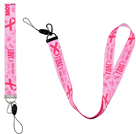 WANDIC Lot de 2 cordons tour de cou de sensibilisation au cancer du sein avec boucle à rupture rapide pour porte-clés et téléphone - Rose